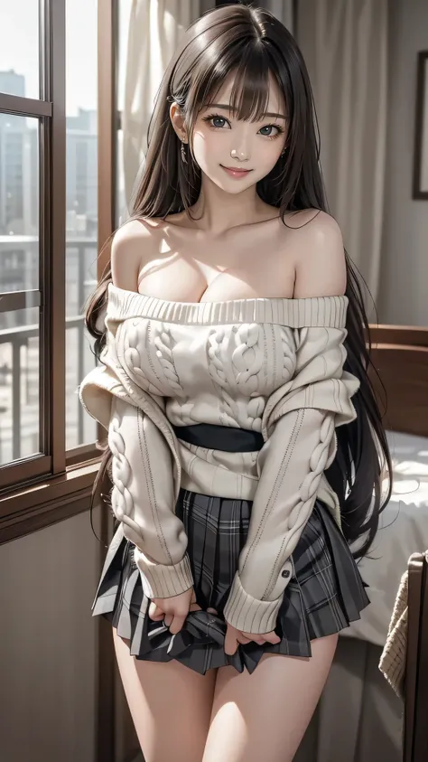 One beautiful girl, Very beautiful detailed face, Laugh shyly, Big Breasts,Deep valley), (Off-the-shoulder sweater, Oversized sweater:1.3), (Skirt flip), (Roll up the skirt yourself), (Flip up the skirt), (Gray Tartan Check Pleated Skirt Lift Yourself), (L...