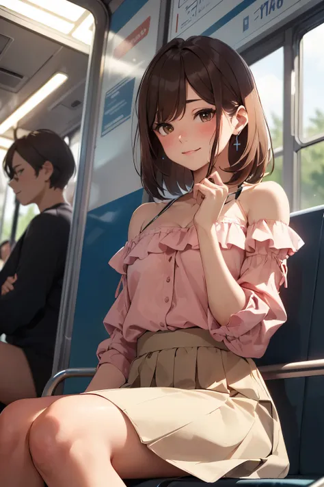 ((Best Quality)), ((masterpiece)), (detailed), ((A beautiful 2 goddess)), ((Alone)), Beautiful, sexy, White skin, ((Wearing a pink blouse and a beige skirt)), ((from the front)), From below, ((On the train)), (Sitting cross-legged), ((whole body)), Ecstasy...