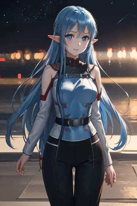 close up 1girl in, photo of Asuna, Yuuki Asuna, Solo, (straight blue hair, very long blue hair, (blue eyes: 1.2), (perfect clear skin, pale skin, detailed skin, medium breasts, round breasts, perfect body, skinny, thin), (thin hips, thin waist: 1.25), neut...