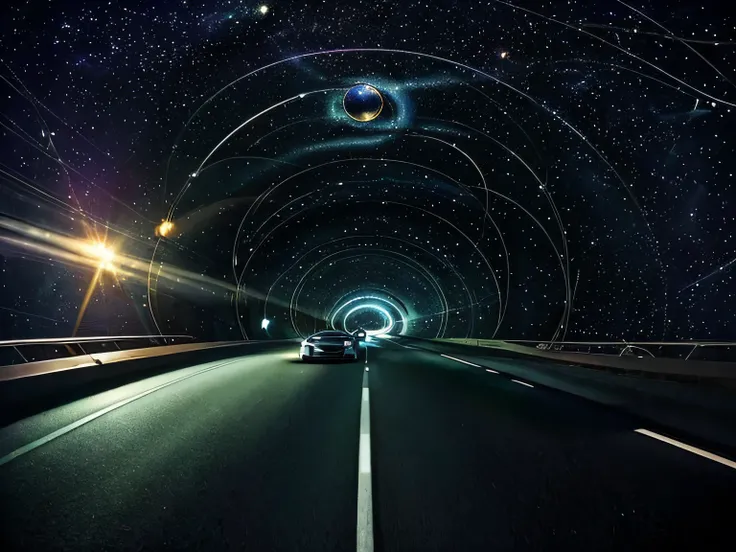 car in space、another-dimensional highway、tunnel of light、traveling through a wormhole