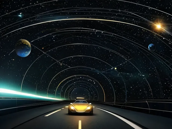 car in space、another-dimensional highway、tunnel of light、traveling through a wormhole