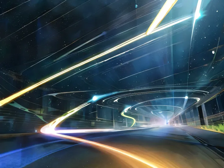 universe space、another-dimensional highway、cars moving through a tunnel of light