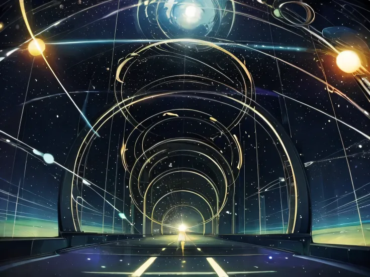 car in space、another-dimensional highway、tunnel of light、traveling through a wormhole