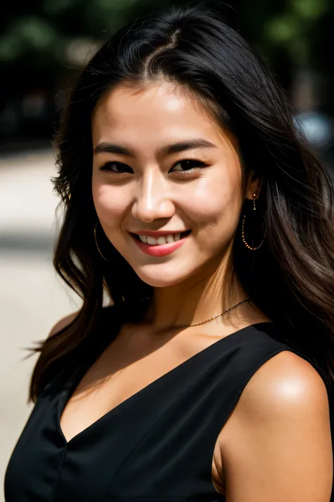 RAW photo, face portrait photo of beautiful 26 y.o woman, cute face, wearing black dress, happy face, hard shadows, cinematic shot, dramatic lighting