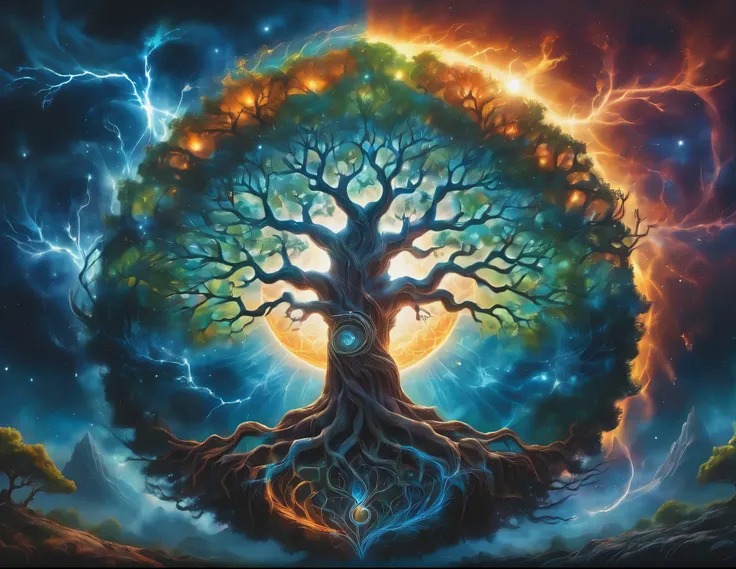 A painting of a tree with the sun and the moon in the background, Cosmic Tree of life, Cosmic Tree, the world Tree, tree of Life seed of doubt, world Tree, tree of Life, Magic Tree, Magic Tree, the tree of Life, Fractal Thunder - Dan Mumford, Fantasy tree,...