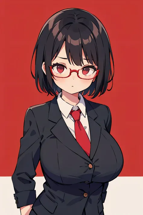 Short black hair、Big Breasts、Red glasses、suit