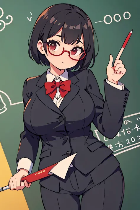 Short black hair、Big Breasts、Red glasses、suit、Pointing stick on blackboard、class