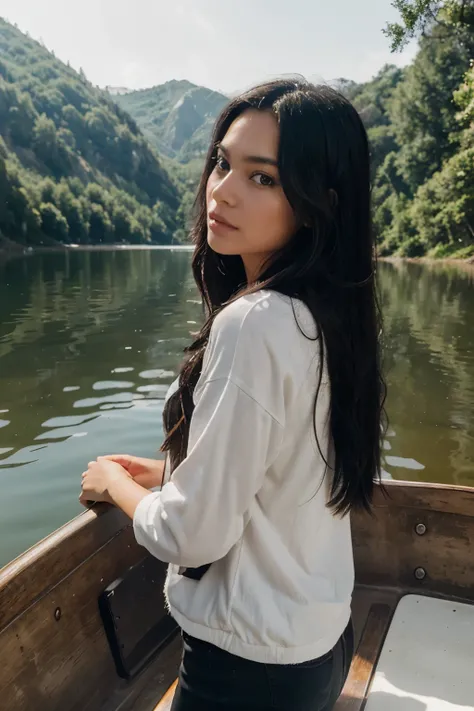 i want to creat a women long black hair, brown eyes IN A BOAT INSIDE A LAKE  WARING WHITE and lookin away with a birds in her hand