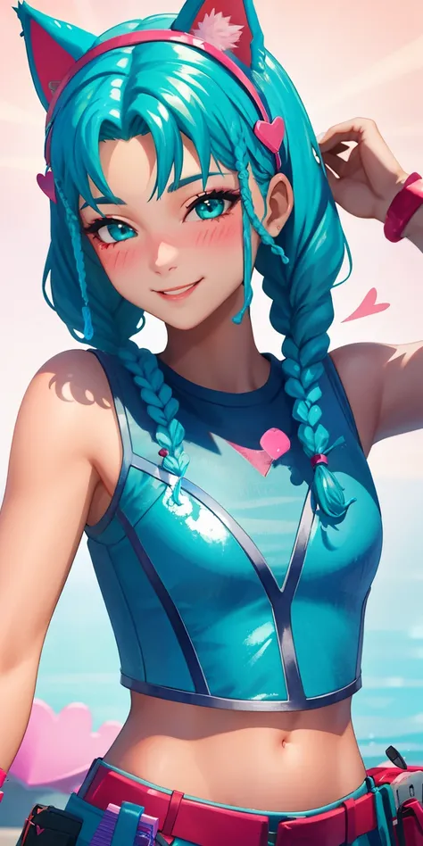 1girl,aqua hair, braided, aqua eyes, aqua eyeshadow, (eyeshadow1:1), (blush:1.1),upper body, heart,(speed lines:1.1), heart navel, cat ears headband, pink head band, white crop top, smile, looking at viewer, facing viewer, wink, 