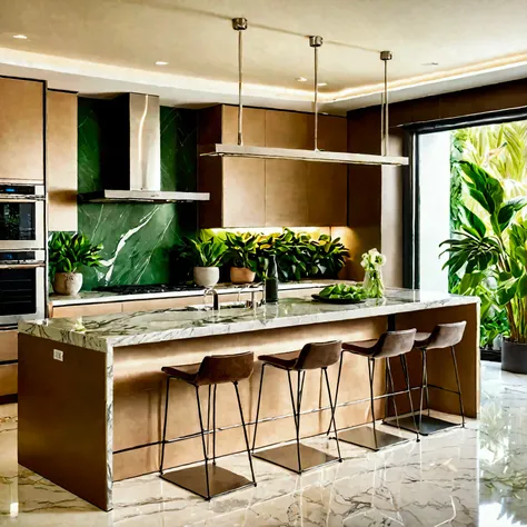 Sleek modern kitchen with minimalist cabinets, large island with marble countertops, stainless steel appliances, all in light brown tones, warm diffused lighting and a background of bright green plants.
