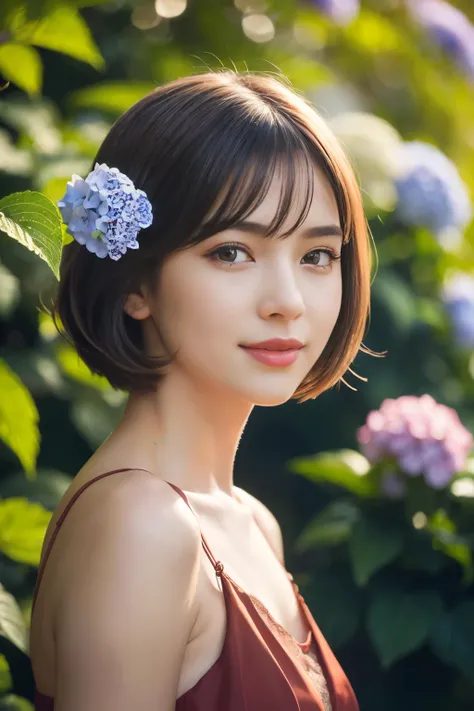 1girl, solo, looking at hydrangea flowers, smiling, medium bob haircut, full body, black dress with red skirt, (best quality, 4k, 8k, highres, masterpiece:1.2), ultra-detailed, (realistic, photorealistic, photo-realistic:1.37), beautiful detailed eyes, bea...