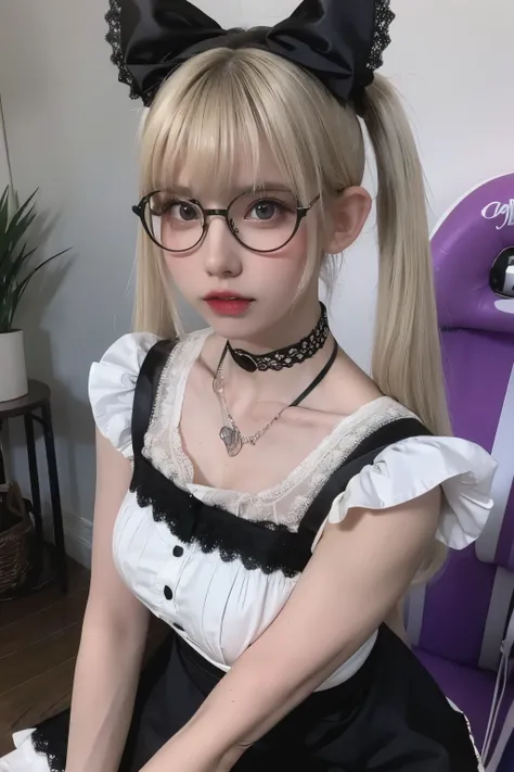 RAW photo, (8k), (best quality: 1.2), (real), (real: 1.37), A young woman with two-tone hair, blonde and black, styled in twin tails with short bangs. She is wearing a classic maid-style outfit, featuring a light blue and white apron dress with lace detail...