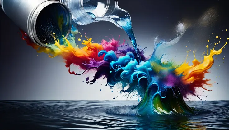 photographed for pouring paint containing metallic elements into water