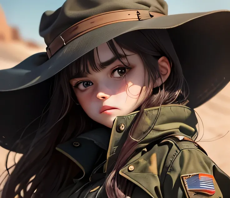 A girl with big, expressive eyes, with a beautiful face long hair, dark and a fringe and a sandy body figure that has a suit and boots in the elegant military style 