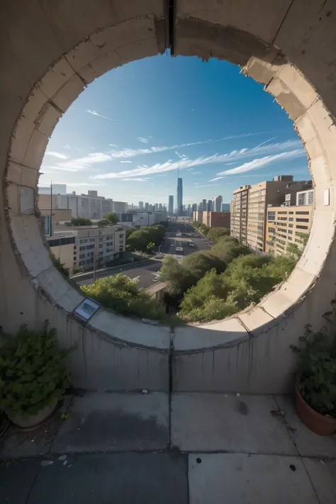 hole in the wall of an urban center with a view of nature, a TV drawn in graffiti around the hole with the phrase “watch nature while you can” written on it