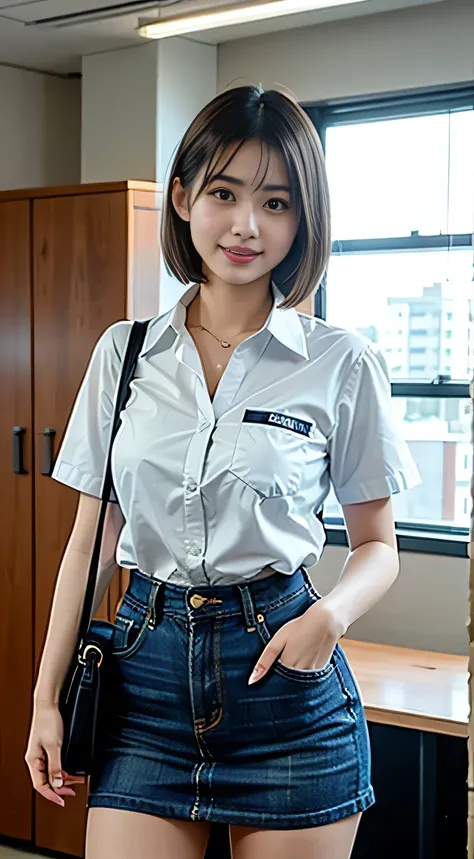 A woman with short hair wearing a white short-sleeve shirt, standing in an office setting, her hands on her hips, wearing a denim skirt that emphasizes her thighs, carrying a handbag, smiling, realistic, high quality, 1 subject, no background, front view, ...