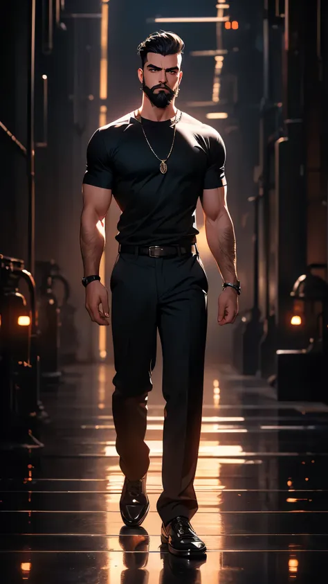 ((masterpiece)), envision a 8k, highres, cinematic, detailed, full body pinup of an American man, slender muscular body, slender face, narrow eyes, thick eyebrows, sleek black hair, full beard, sideburns, blue eyes, t-shirt, (((1boy))), in dark lighting, a...