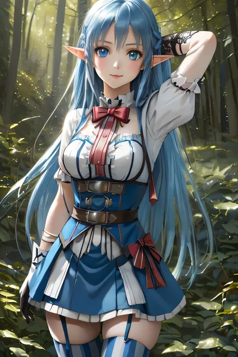 close up 1girl in, photo of Asuna, Yuuki Asuna, Solo, (straight blue hair, very long blue hair, (blue eyes: 1.2), (perfect clear skin, pale skin, detailed skin, medium breasts, round breasts, perfect body, skinny, thin), (thin hips, thin waist: 1.25), neut...