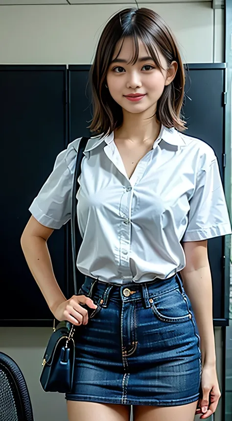 A woman with short hair wearing a white short-sleeve shirt, standing in an office setting, her hands on her hips, wearing a denim skirt that emphasizes her thighs, carrying a handbag, smiling, realistic, high quality, 1 subject, no background, front view, ...