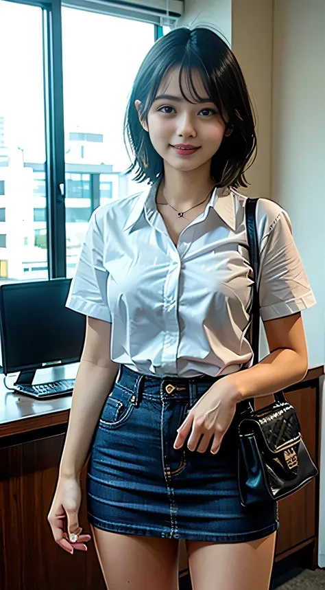 A woman with short hair wearing a white short-sleeve shirt, standing in an office setting, her hands on her hips, wearing a denim skirt that emphasizes her thighs, carrying a handbag, smiling, realistic, high quality, 1 subject, no background, front view, ...