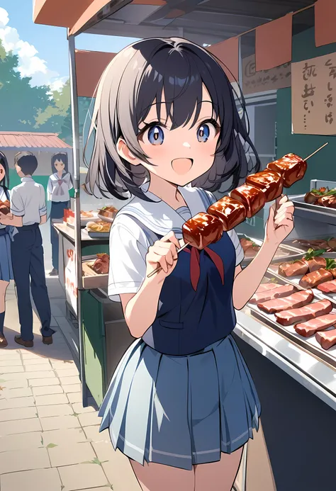 A girl in school uniform looks happy holding a skewer of meat in front of a stall in the school yard