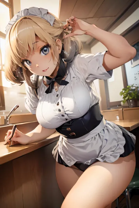 (Very detailed CG Unity 8K 壁紙),(masterpiece), (Best Quality), (Very detailed), (Best illustrations),(Best Shadow), (Camel Toe 1.2)、Beautiful eyes、Big Breasts(Emphasis on leaning forward 1.2)、Tight waist、Perfect Body、(Tied Hair、Bangs up 1.2)、Maid Cafe、Waitr...