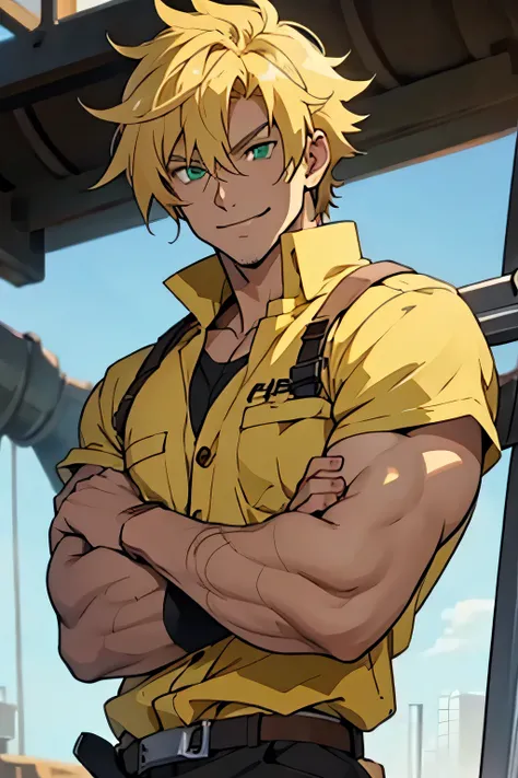 man, blond, tan, smile, strong, mechanic, green eyes, young, anime style