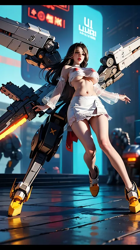 ((Best quality)), ((masterpiece)), (highly detailed:1.3), 3D, beautiful, (cyberpunk:1.6), in space, nebula, (holding_weapon:1.3), laser, (1Female mecha:1.3), sexy body, facing the audience, Glowing eyes, full body, (flying, swooping down, dynamic, motion b...