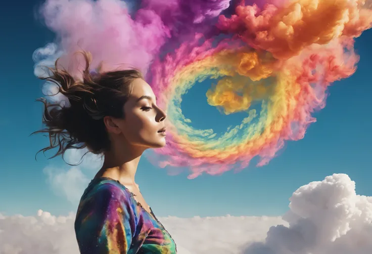 Spiral 0Clouds of colourful smoke surronding a young woman floating in a clear sky, whimsical , detailed, aerial view