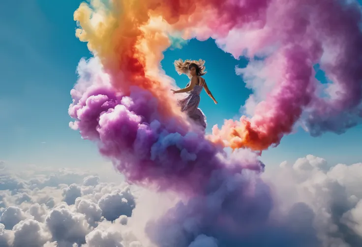 Spiral 0Clouds of colourful smoke surronding a young woman floating in a clear sky, whimsical , detailed, aerial view