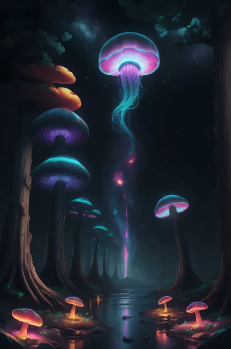 jellyfish swimming in a pine forest with magic mushrooms, starry sky and nebulae, digital art, psychedelic theme, vivid colors, ...