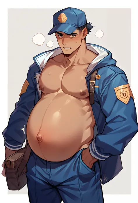 a very pregnant courier in his usual uniform. he is tanned, wearing a cap. his belly sticks out with his bellybutton popped out....