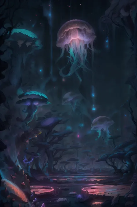 jellyfish swimming in a pine forest with magic mushrooms, starry sky and nebulae, digital art, psychedelic theme, vivid colors, ...