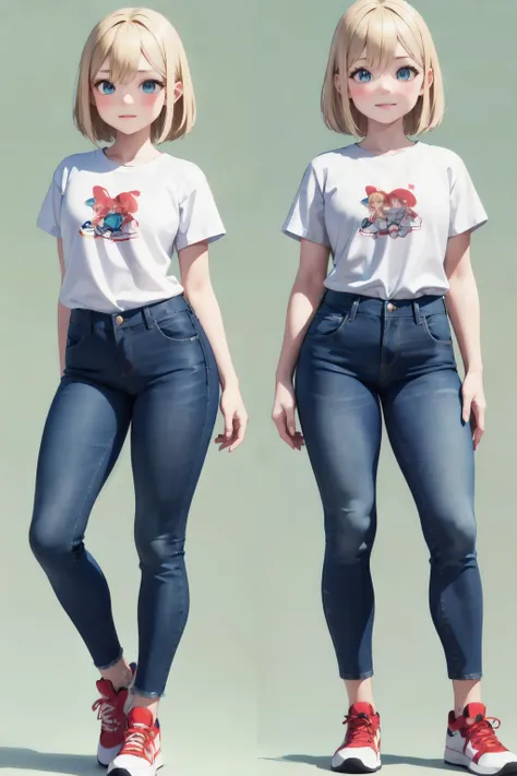 I created a blonde girl, named Alice, blue eyes, blush, tender look, age 7 years, tight clothing, short and straight hair with long blue jeans, white t-shirt without prints, with straight hair, red sports shoes, 3d anime drawing style, completely green bac...