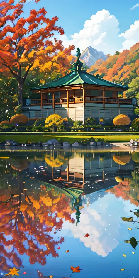 realisitic、a picture、landscapes、Glass greenhouse、botanical garden、Tropical flowers、Autumn outside、Idyllic lake in the background、Mountain of autumn leaves in the background