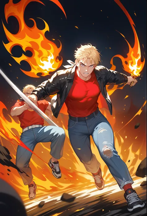 , score_9,score_8_up,score_7_up, mature men, bright eyes, medium hair, blonde hair, wearing a black jacket and red shirt, jeans ...