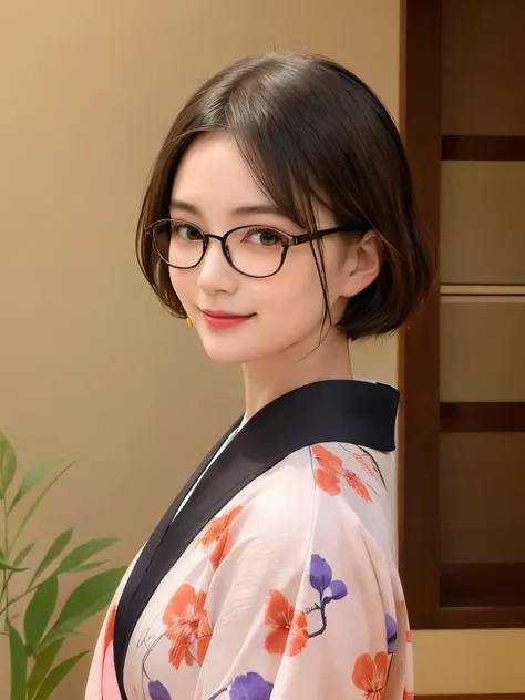 2 (20-year-old woman,Short Hair) , (A kind smile) , (kimono), (colorful), (Japanese painting by Uemura Shōen), flower, Glasses