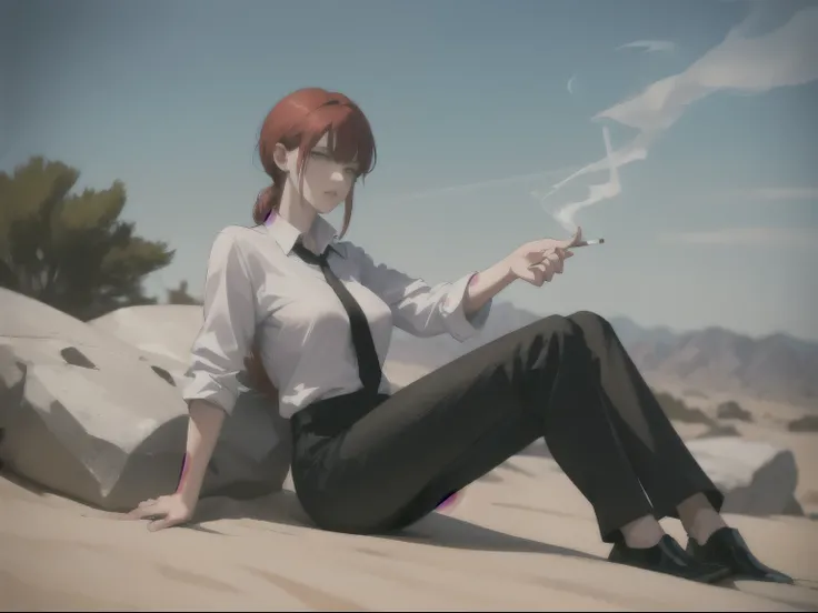 Makima from chainsaw man sitting on a rock in a desert, white shirt tucked into pants, black tie, black pants, black shoes, red hair, amber eyes, cigarette in hand, smoking
