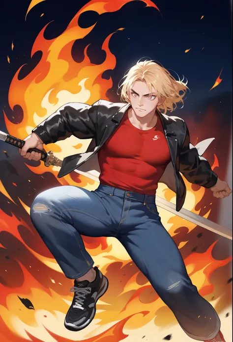 , score_9,score_8_up,score_7_up, mature men, Bright eyes, medium hair, blonde hair, wearing a black jacket and red shirt, jeans pants, sports shoes, Bearer a long blade, black flame on his hands, action painting 