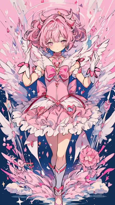 (Magical Girl 1:1.5)、Pink Magical Girl、(Twin tails)、Pink ruffle skirt、Pink Ribbon、butterfly々、Lots of pink flowers、Sparkling、lame、Glitter、White Feather、Dance、(Very smiling)