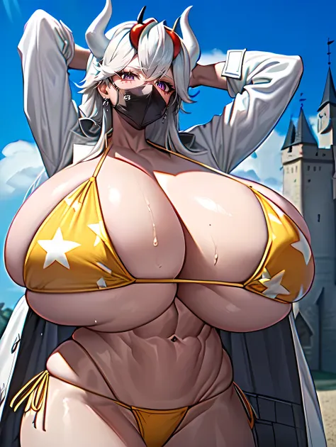 masterpiece, best quality, extremely detailed, 1girl, milf, solo, (muscular, tall:1.3), beelzebub(helltaker), (gigantic breasts:1.3), ((((white hair), long hair, red eyes, demon horns, white horns))), parted lips, (((open coat, bikini, flag print bikini)))...