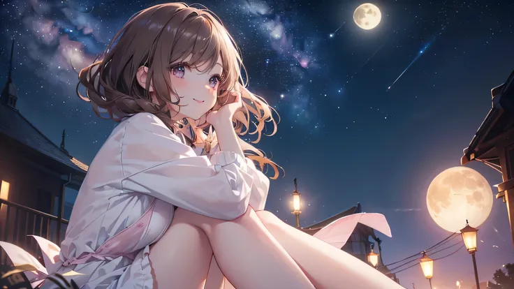 (((Highest quality、Silhouette Art,masterpiece、Ultra-fine、Ultra-fine、Exquisite、16k,cute,Looking up at the moon,Brown Hair,profile,The best smile,Delicate eyes,Delicate hands,Full HD,))), ((One person,Sitting,cute,Long eyelashes、White skin、)), (Pale pink lip...