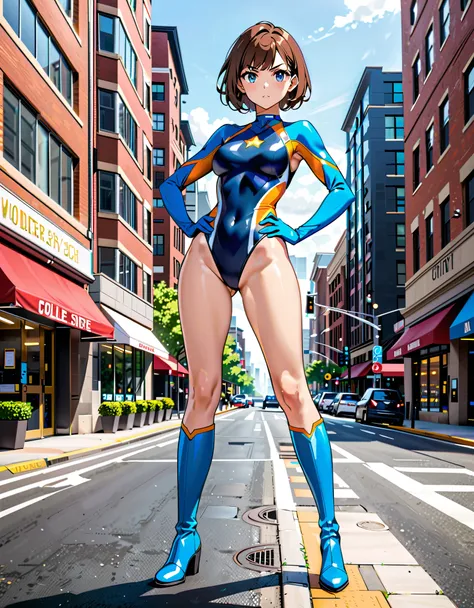 Masterpiece, Best Quality, High Resolution, highly detailed, professional, 8k, 1girl, tall body, wonder, superhero, blue choker, blue eyes, blue footwear, blue gloves, matching boots, (blue leotard, competition swimsuit, elastic sleeves, bare legs), medium...