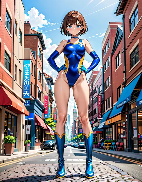 Masterpiece, Best Quality, High Resolution, highly detailed, professional, 8k, 1girl, tall body, wonder, superhero, blue choker, blue eyes, blue footwear, blue gloves, matching boots, (blue leotard, competition swimsuit, elastic sleeves, bare legs), medium...