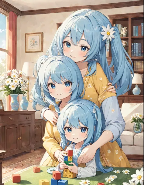 Light blue long hair、Twin-tailed mother and her child, a chibi character、Close-up of parent and child、Playing with building blocks in a sunny living room、Stacking building blocks、A happy smile、The living room is decorated with lots of white daisies and orc...