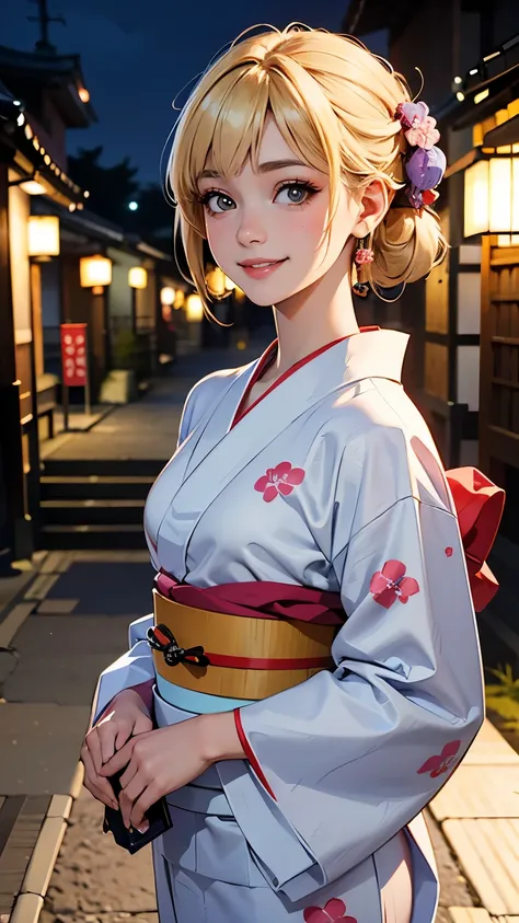 (RAW photo, best quality), (Beauty photography:1.3),(masterpiece), Composition from the waist up, ((Blonde Hair)), ((chignon)), looking at the viewer, standing, smiling, earrings, outdoors, ((Detailed traditional Japanese yukata)), asymmetric bangs, Street...