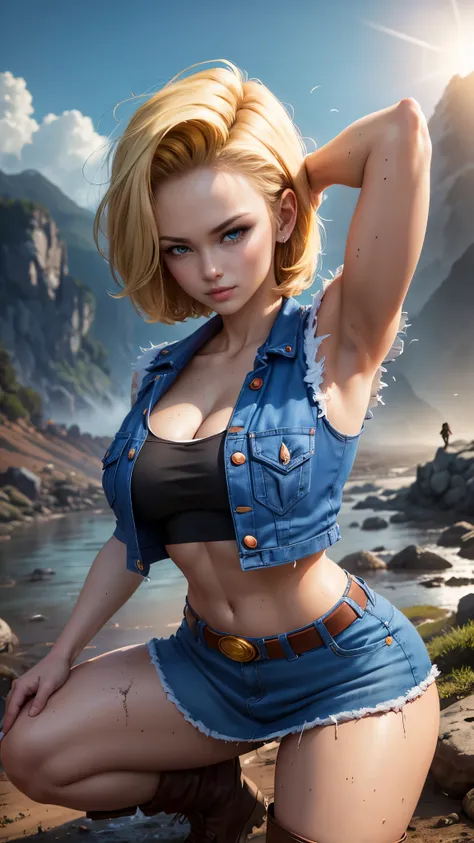 Android 18 da dragon ball,(best qualityer,4K,8k,high resolution,work of art:1.2)(weather: windy), mountain road background, battle ruins, short curly hair, blonde hair, sport bra, tight mini skirt, brown boots, denim vest, earrings, pantyhose, combat pose,...