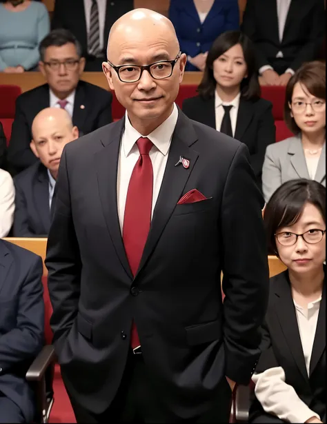 Exactly reflects the prompt、Standing Alone＋A Japanese man in his fifties who is popular with women、（Bald head with 5mm of hair remaining on top＋Hair length: Bald with 3mm of hair remaining on the sides）、Wearing black square glasses、Wellington Glasses、Small...