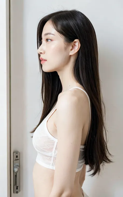 {{Pastel colored blouses::See-through::Bra}}、((Best Quality、8k、masterpiece:1.3))、Ultra-high resolution、(photoGenuineistic:1.4)、((White wall、In front of a white door、White wall room with window))、RAW Photos、Japanese,(【Facial details)、Genuine、(([profile))、Ph...