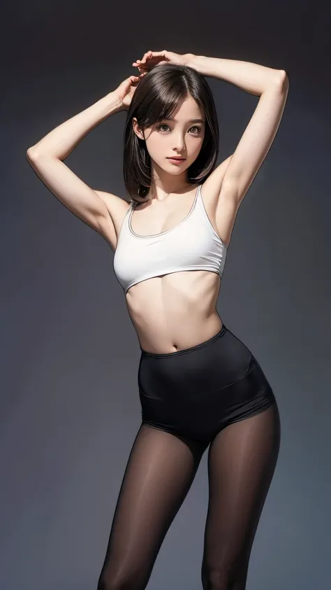 最high quality, high resolution, Reality, Perfect anatomical structure, Very detailed, Delicate face, Detailed body, high quality, pretty girl, :1.4, Young face, Bob Cooter, Small Breasts, Tights, Very slim:1.6, Very thin waist:1.4, Fitness Arena, Sexy stan...